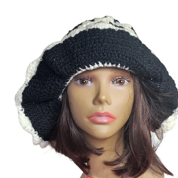 Vintage Black White Handcrafted Crochet Big Floppy Brim Hat - Picture 10 of 11